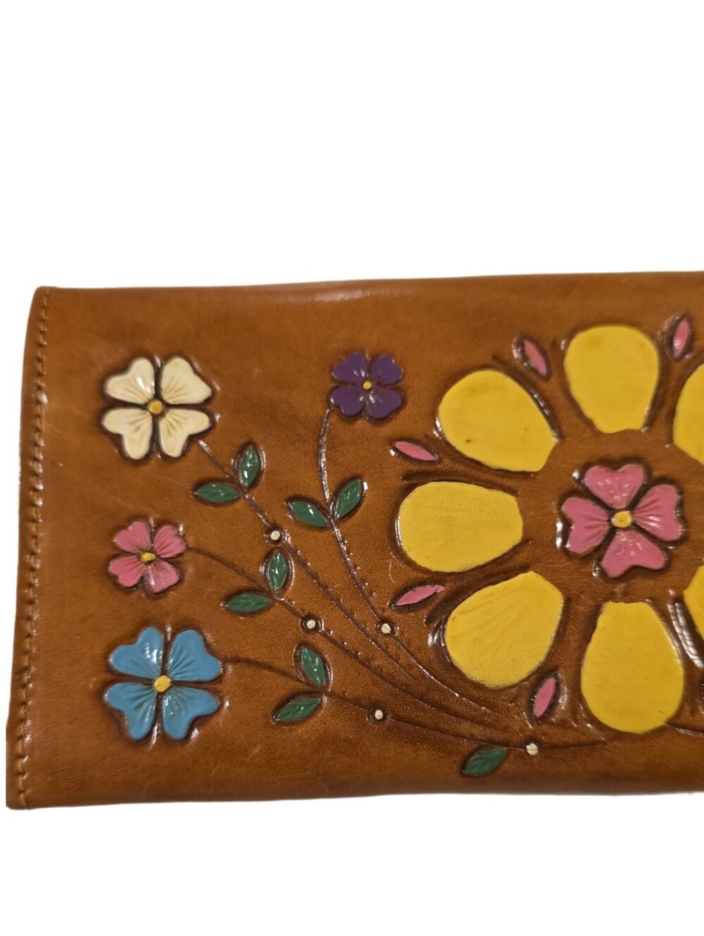 Vintage Brown Leather Wallet with Multicolor Floral Appliqué - Picture 9 of 14